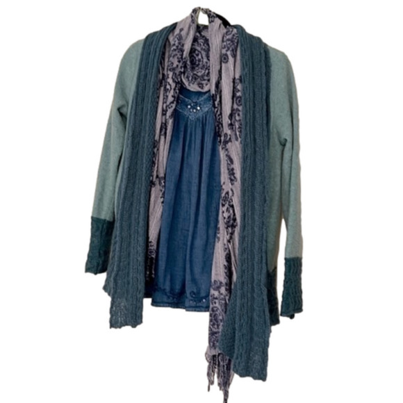 Anthropologie Mohair Open Cardigan Teal Blue Open Crochet Green Small Pockets - Picture 5 of 15